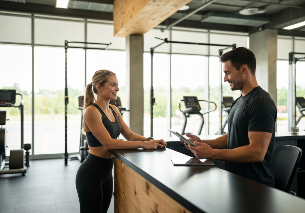 Coach accueillant un adhérent Gen Z à la réception du studio fitness avec une tablette
