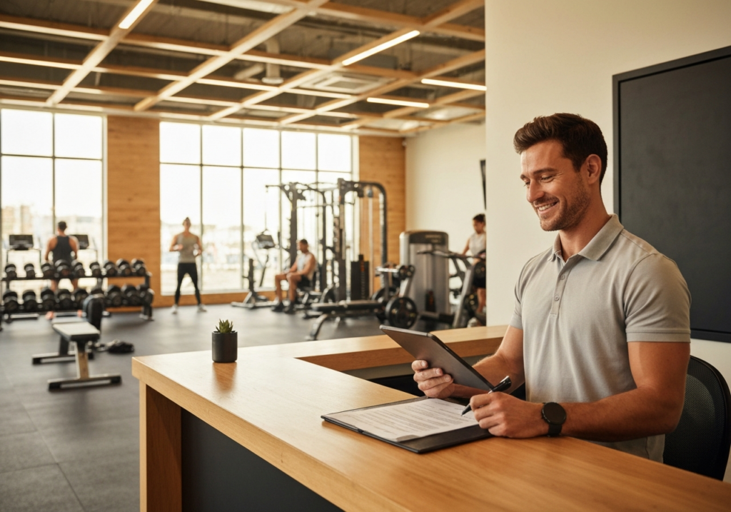 Gérant de salle de sport accueillant un adhérent à la réception avec une tablette, espace lumineux et équipements visibles
